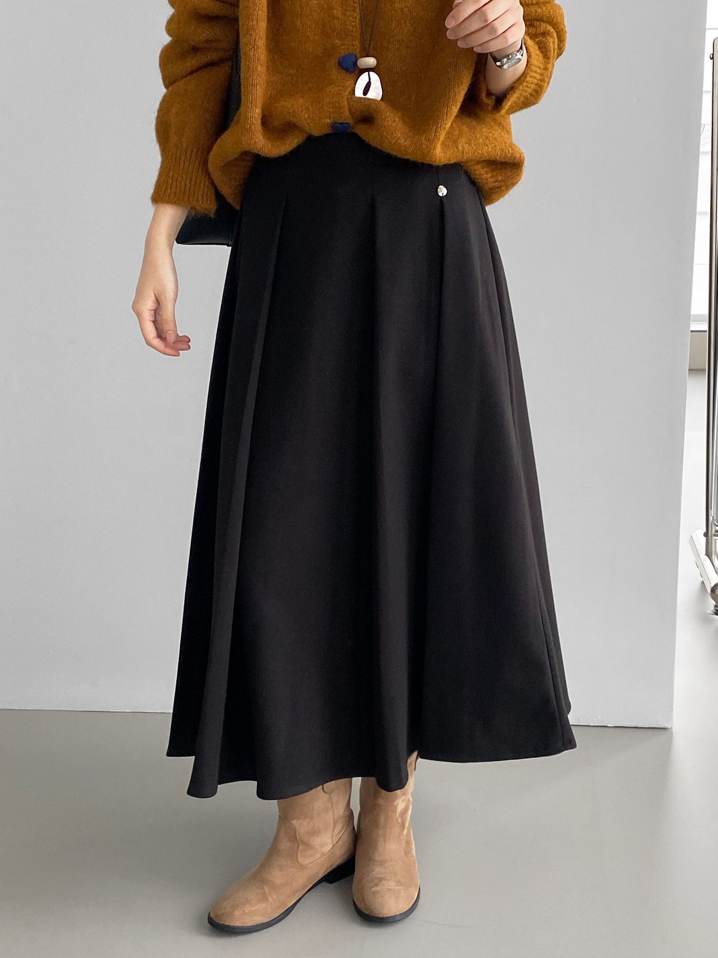 가을과 겨울 스커트에 매치하기 좋다. 한국 모직 플리트 스커트, 여성 하이웨이스트 날씬해 보이는 우산 밴딩 스커트