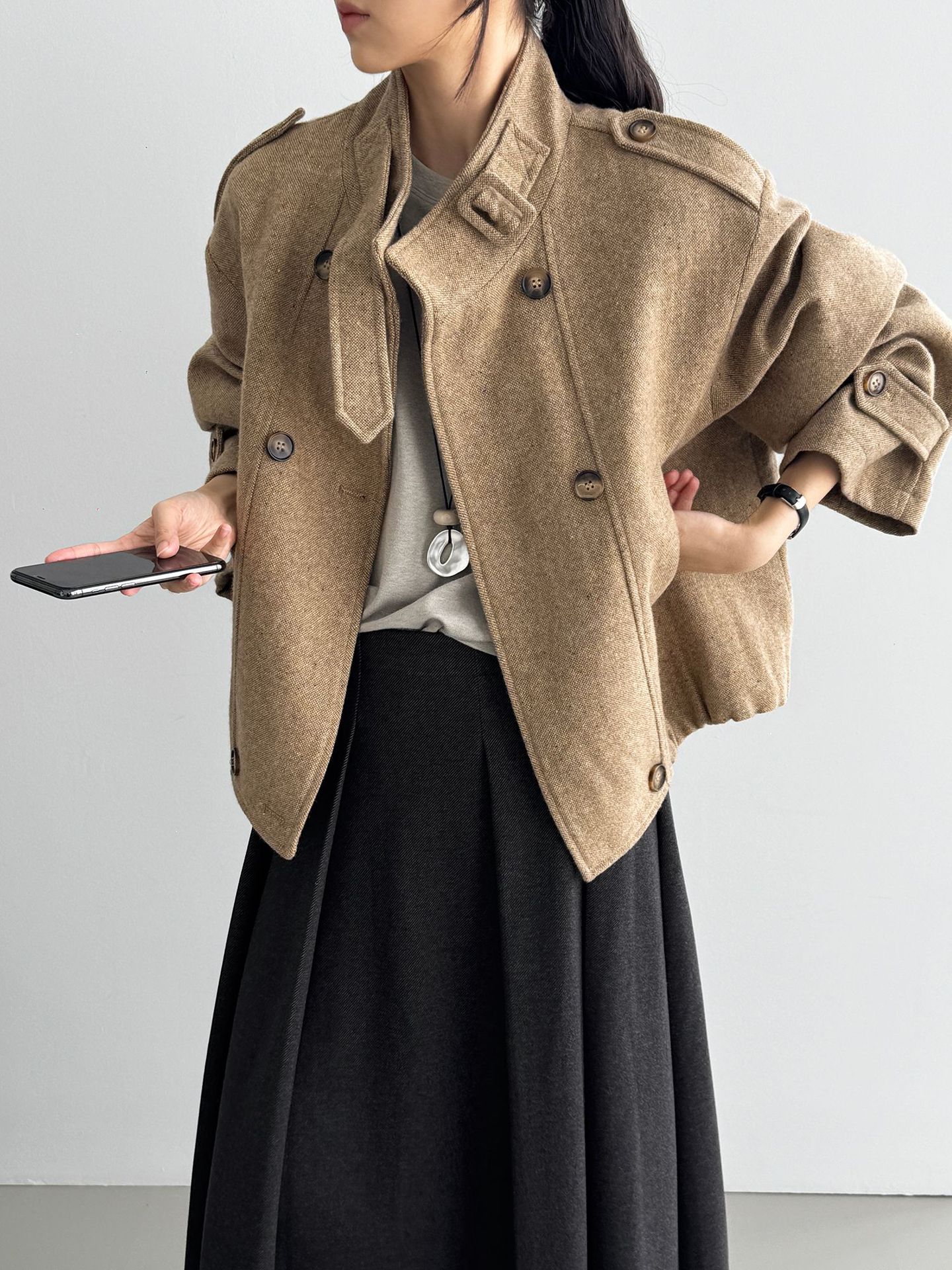 빈티지 고급 느낌의 너덜너덜한 모직 코트 여성 키 캐주얼하고 캐주얼한 차이나 칼라 재킷