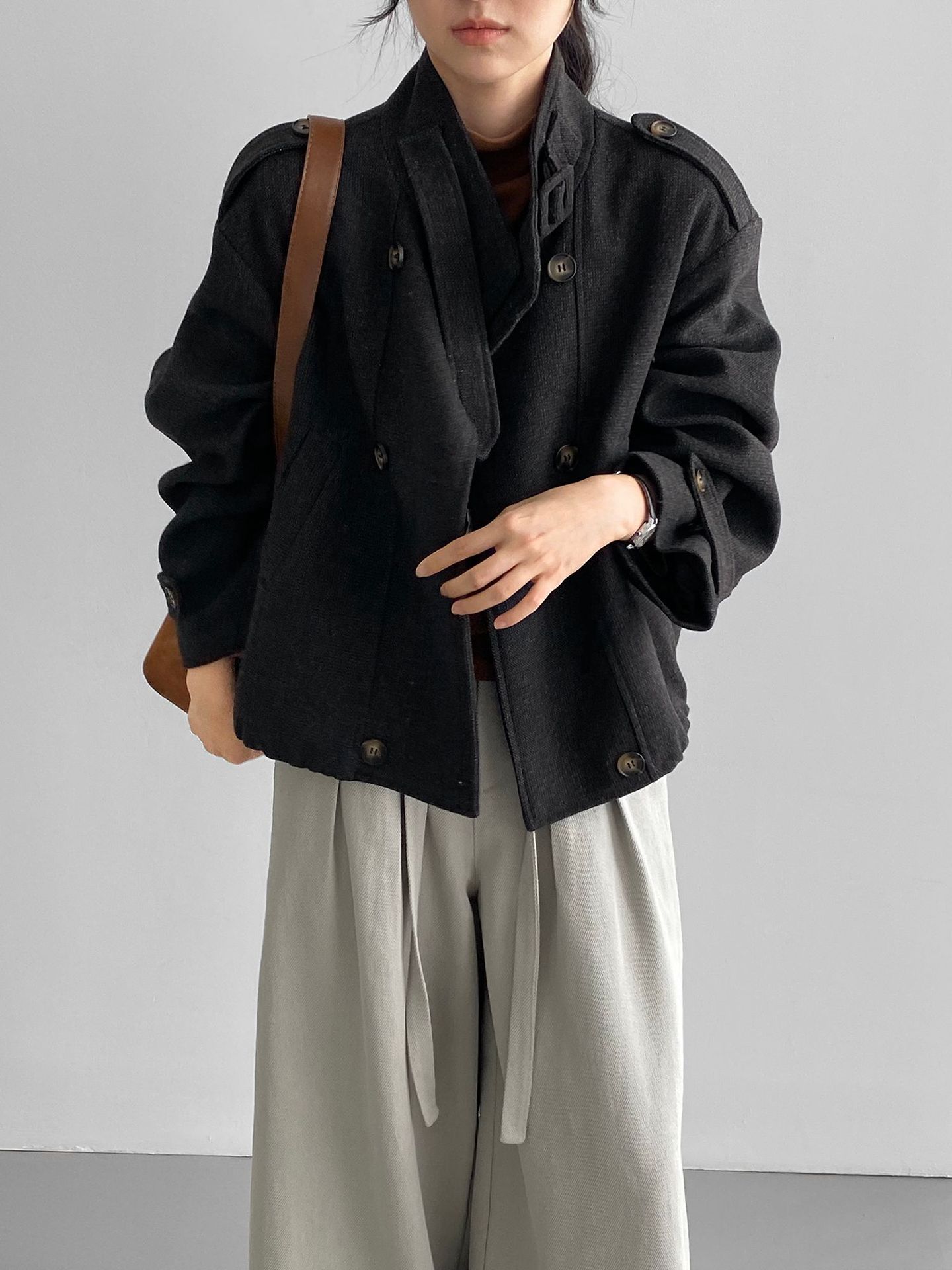 빈티지 고급 느낌의 너덜너덜한 모직 코트 여성 키 캐주얼하고 캐주얼한 차이나 칼라 재킷