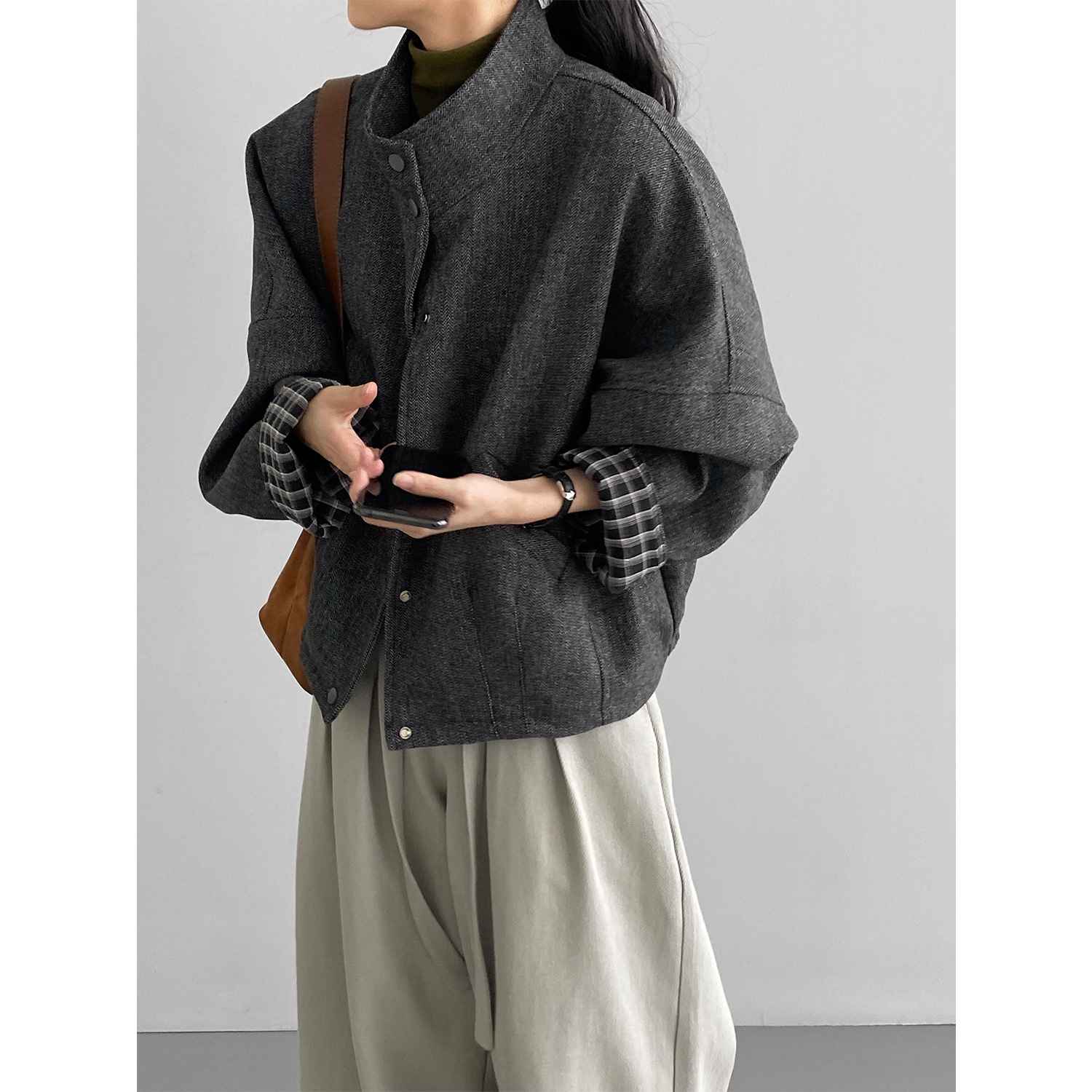 한풍 빈티지 40 울 차이나 아우터 여성 그레이 체크 짜임 와이드 트위드 탑