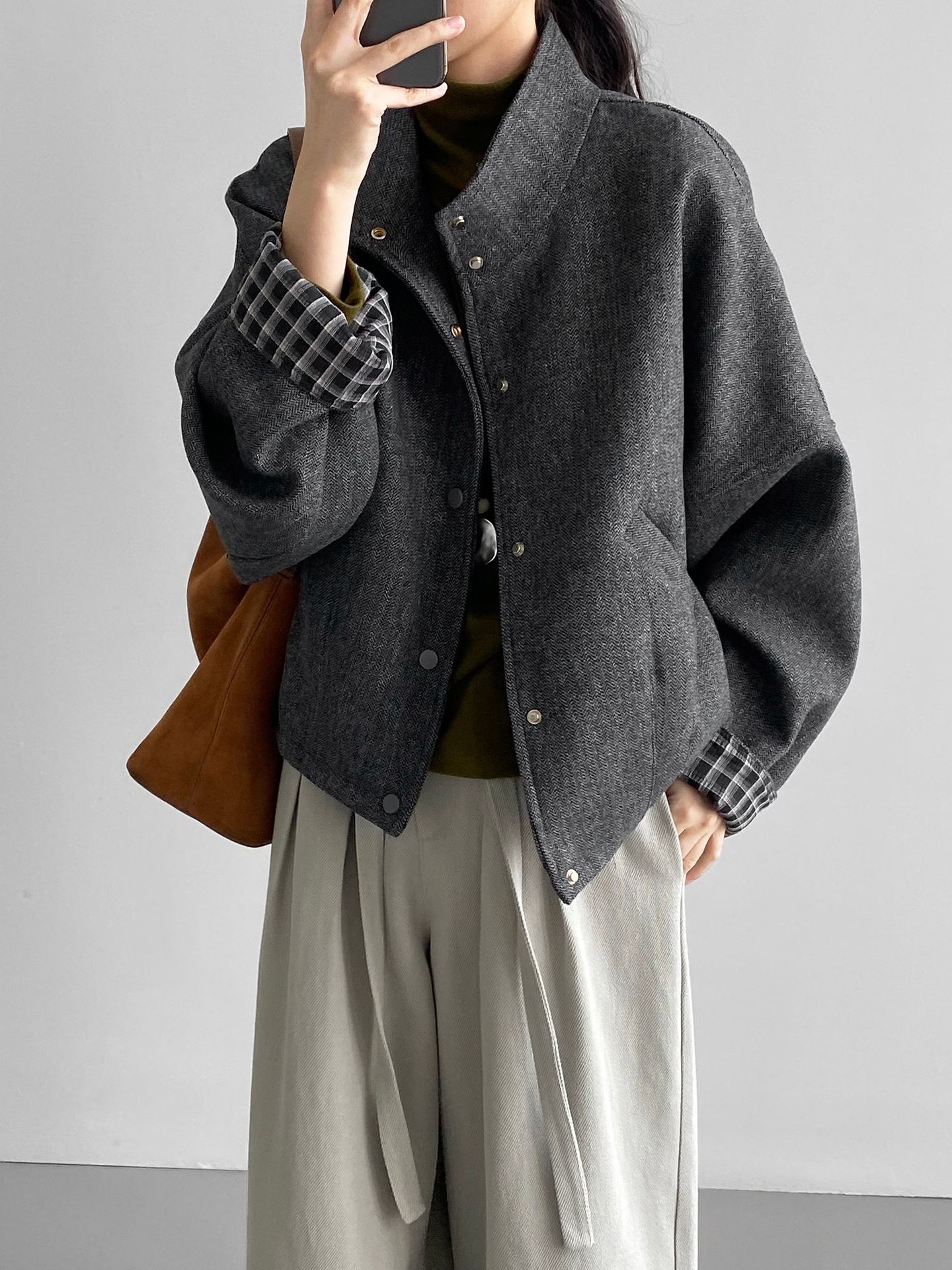 한풍 빈티지 40 울 차이나 아우터 여성 그레이 체크 짜임 와이드 트위드 탑