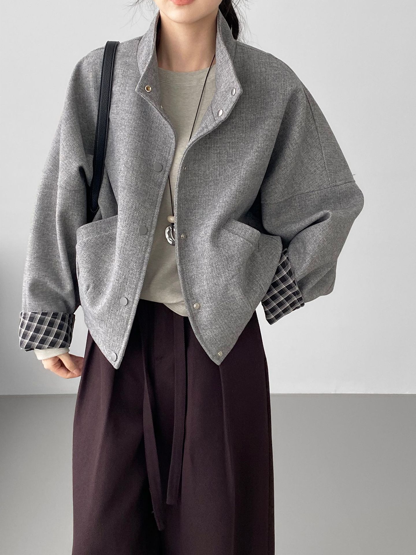 한풍 빈티지 40 울 차이나 아우터 여성 그레이 체크 짜임 와이드 트위드 탑