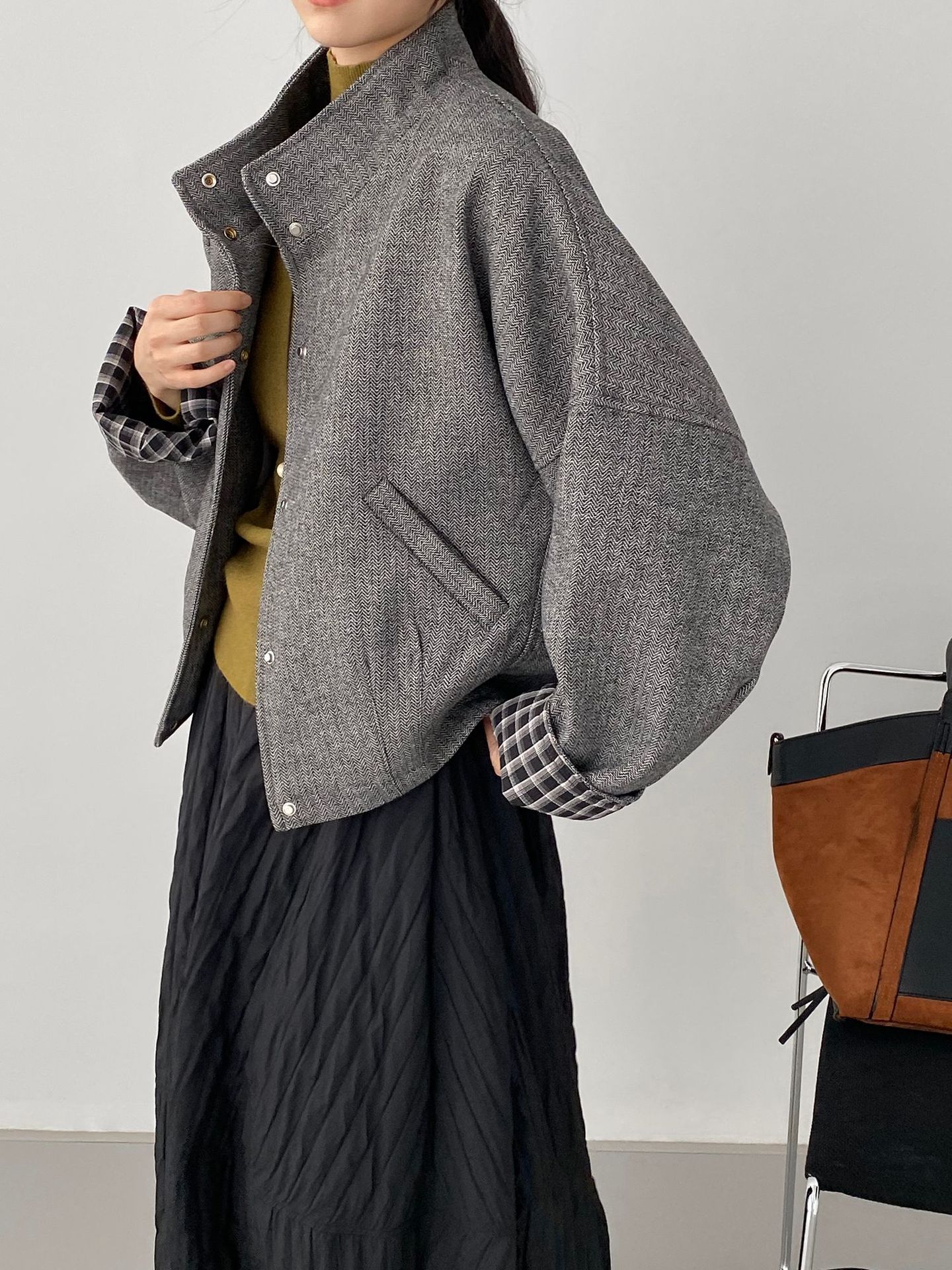 한풍 빈티지 40 울 차이나 아우터 여성 그레이 체크 짜임 와이드 트위드 탑