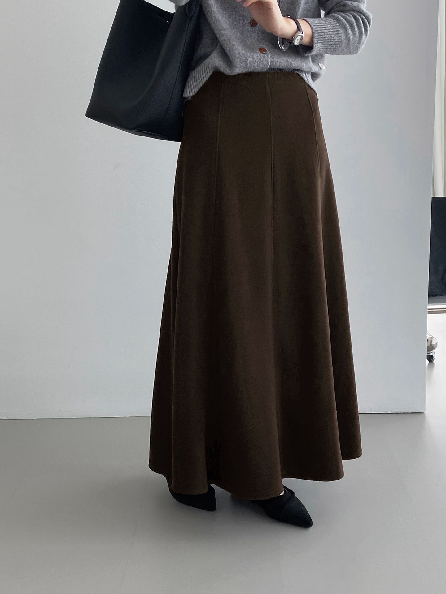 한식 통근 분위기의 시크한 짜임새 스커트예요, 여자 허리 밴딩 a 자로 날씬해 보이는 롱스커트예요