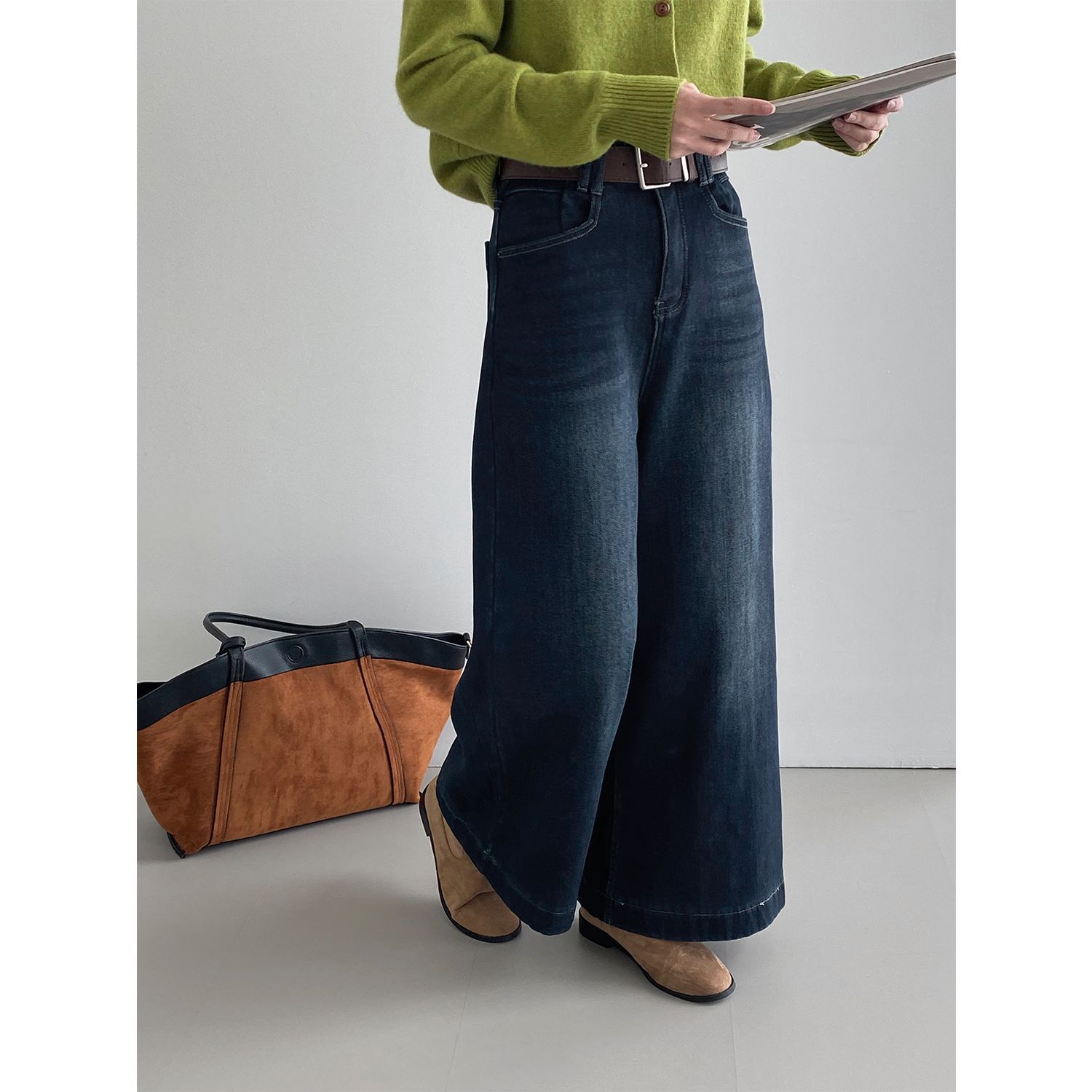 베이직 하이웨이스트 기모 도톰한 통 데님 여성 빈티지 캐주얼 롱 팬츠