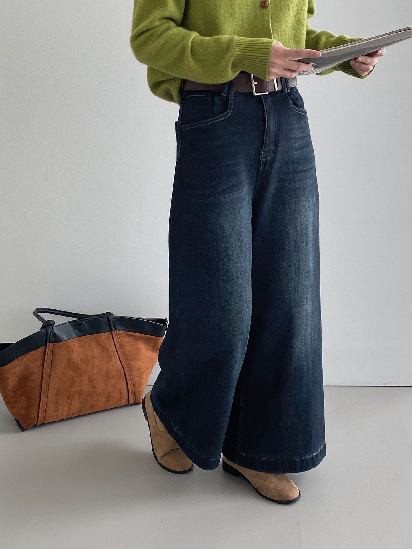 베이직 하이웨이스트 기모 도톰한 통 데님 여성 빈티지 캐주얼 롱 팬츠