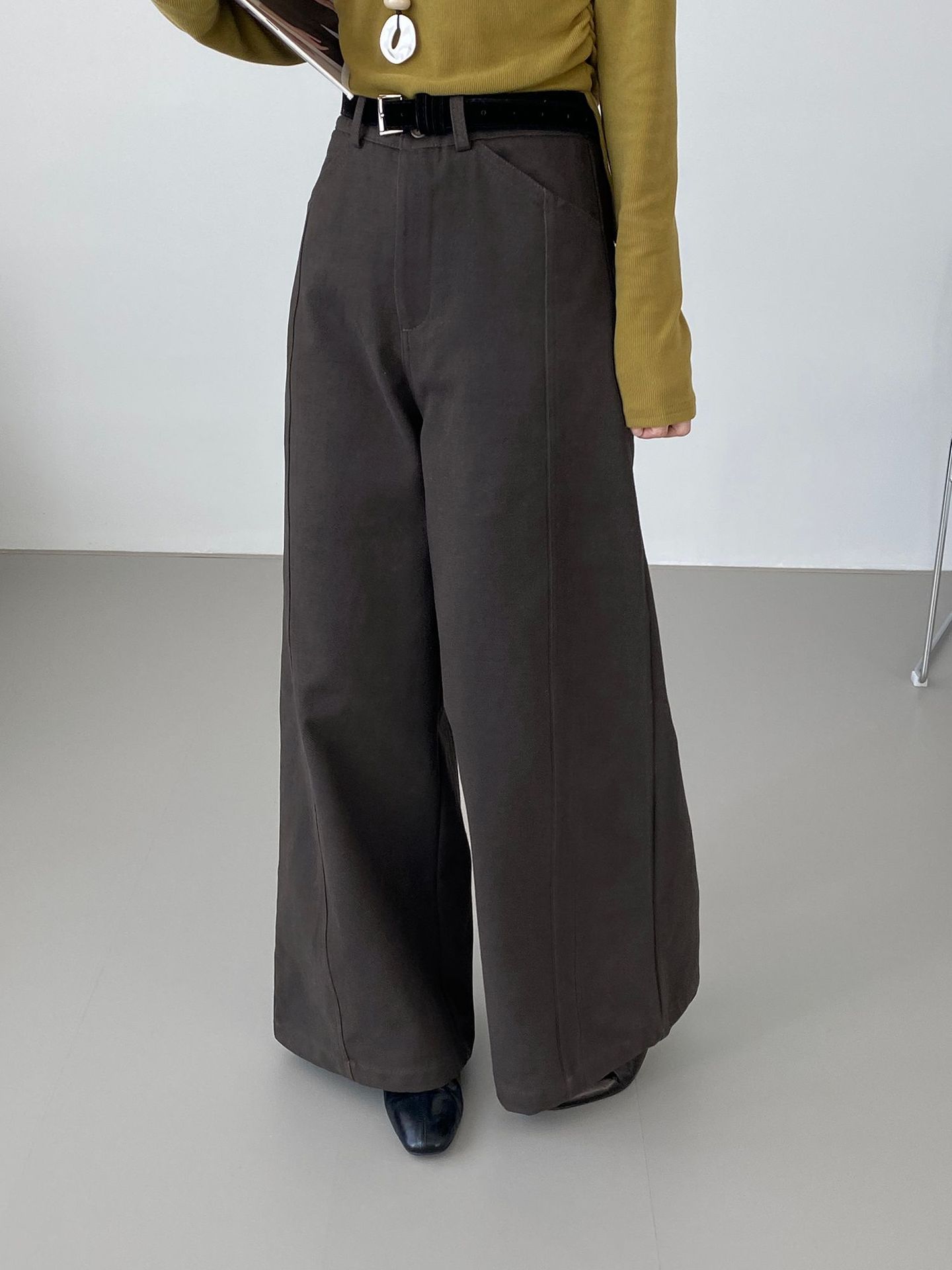 코리아 통근 분위기면 100자 a 자 와이드 팬츠 여성 얇은 기모 하이웨이스트 날씬해 보이므로 롱 팬츠와 잘 어울려요