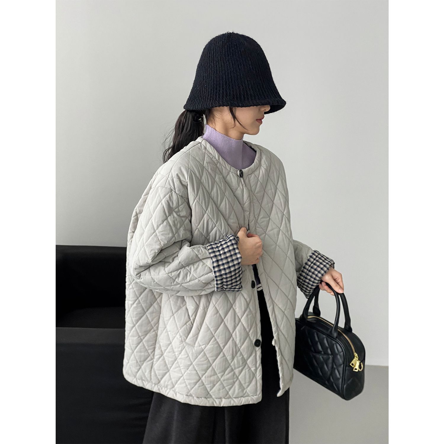 빈티지 심플 그라비티 패딩 데님 레이디스 체크 패딩 코트입니다