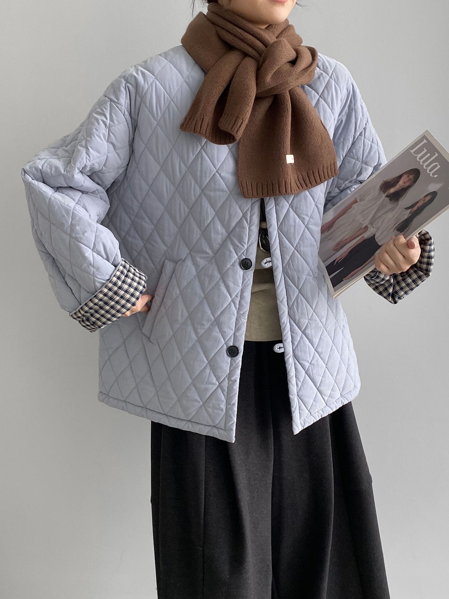 빈티지 심플 그라비티 패딩 데님 레이디스 체크 패딩 코트입니다