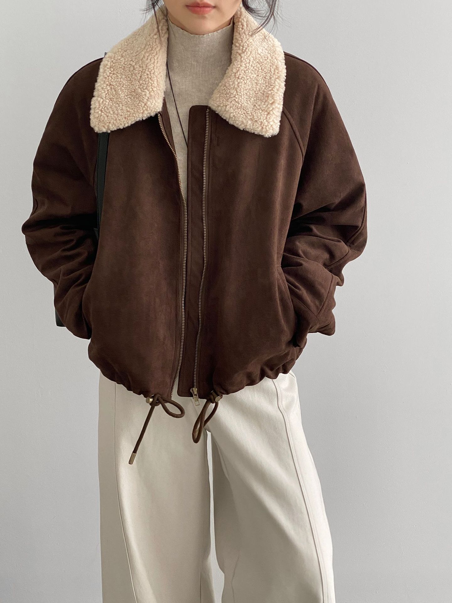 빈티지한 멜라드 스웨이드 칼라면 아우터 여성용 터틀넥 캐주얼로 멀티 스웨이드 점퍼