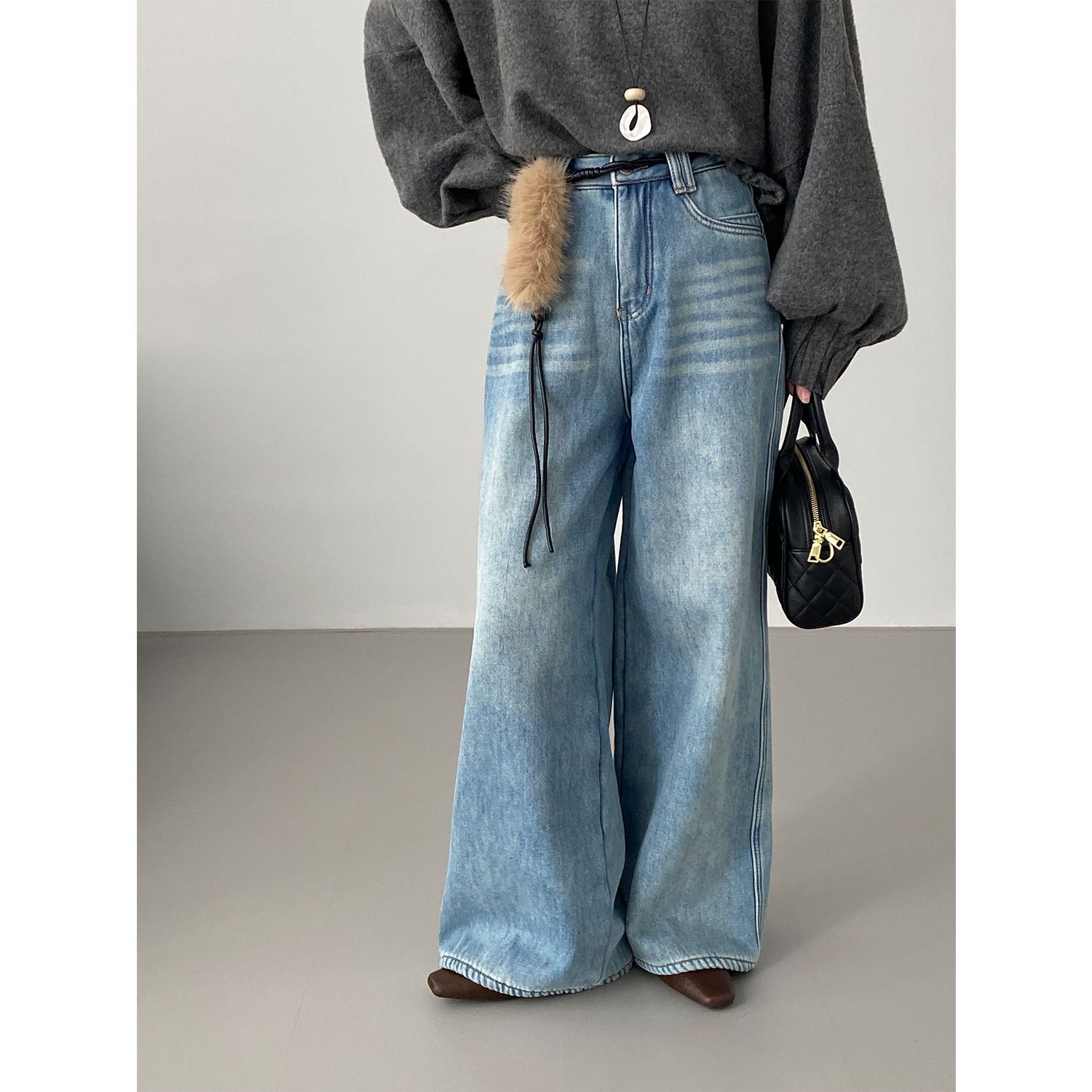 한풍 빈티지 워싱 기모 청바지 여성 하이웨이스트 골반 가려 날씬해 보이는 와이드 팬츠