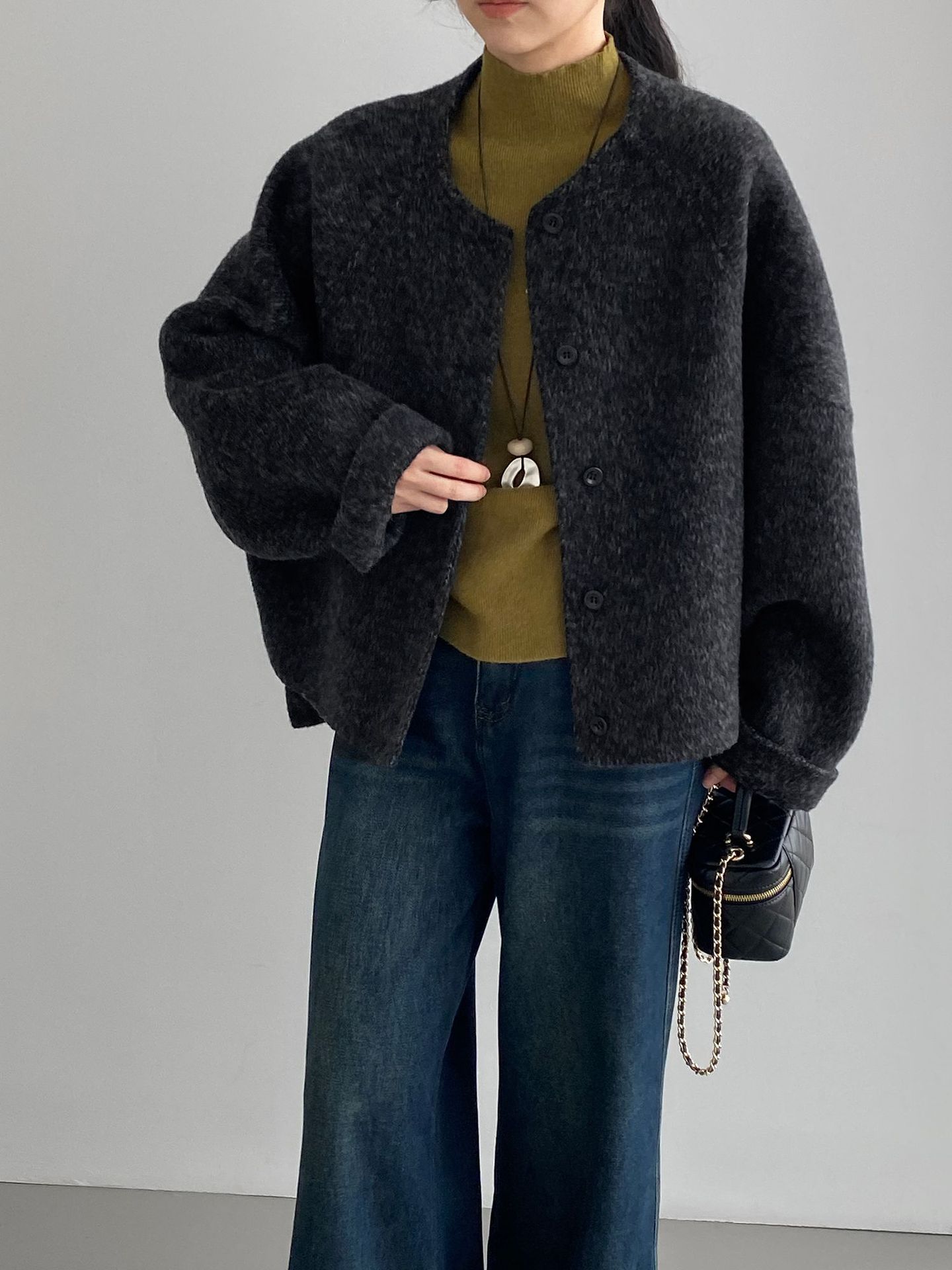 보라색 코트 라운드넥 울 알파카 양면 트위드 숏 루즈핏 코트여