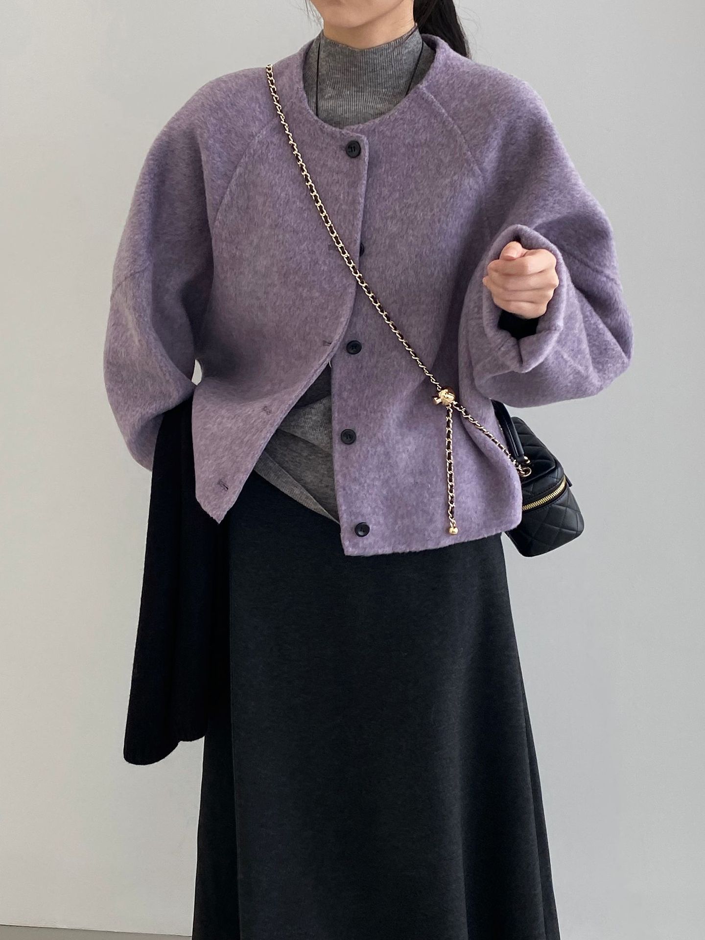 보라색 코트 라운드넥 울 알파카 양면 트위드 숏 루즈핏 코트여