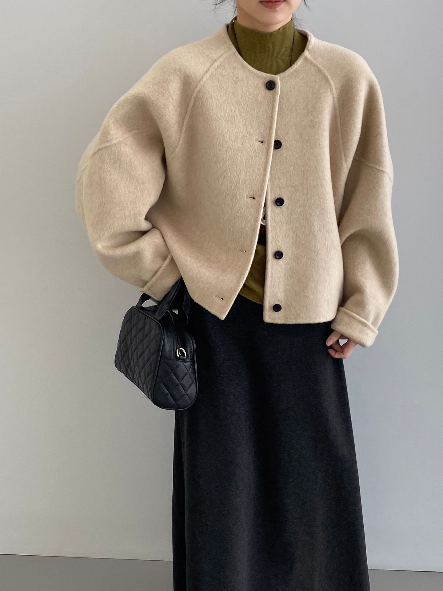 보라색 코트 라운드넥 울 알파카 양면 트위드 숏 루즈핏 코트여