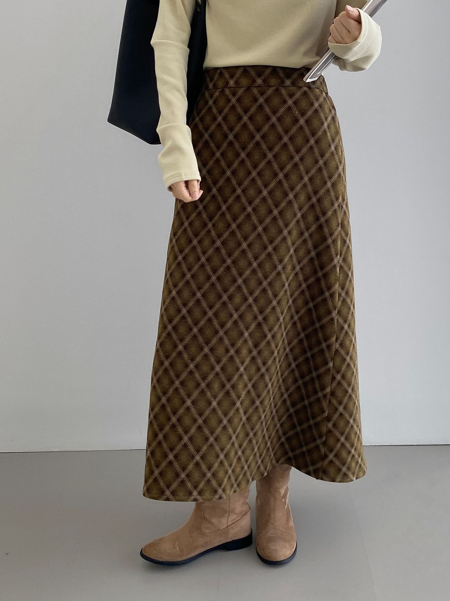 복고 학원 스타일 문예 격자무늬 충돌 스커트 여성 허리 밴딩 기질 날씬해 보이는 a 라인 롱 스커트