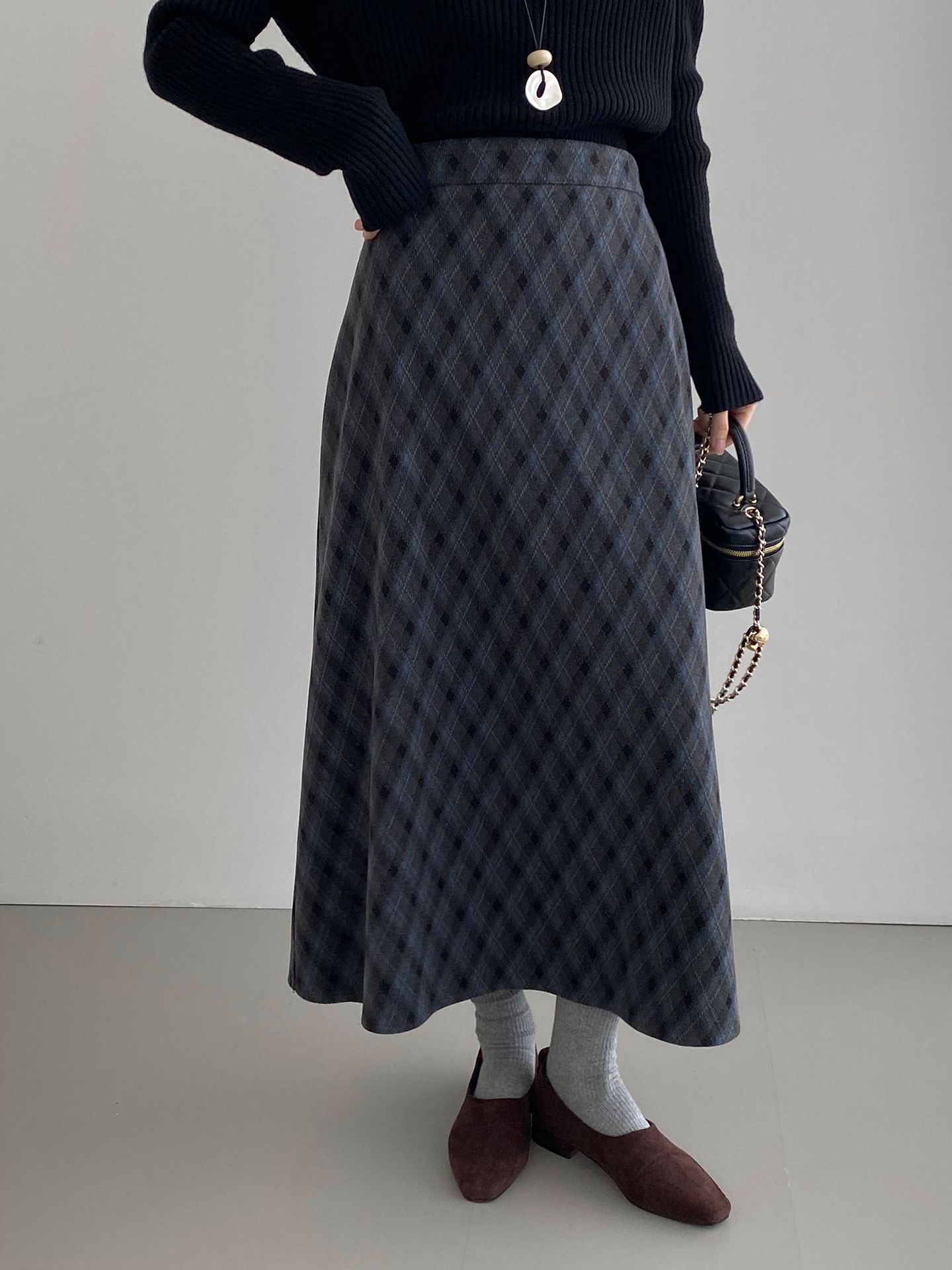 복고 학원 스타일 문예 격자무늬 충돌 스커트 여성 허리 밴딩 기질 날씬해 보이는 a 라인 롱 스커트