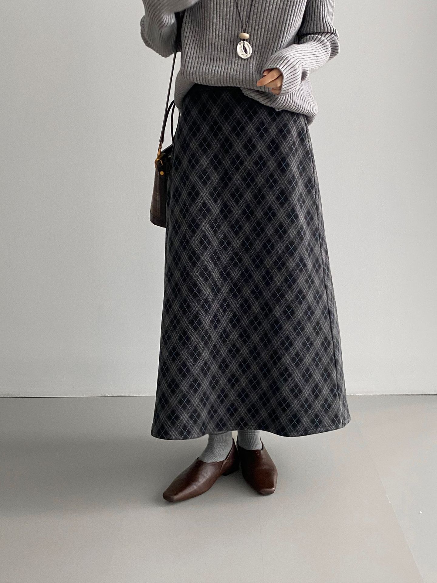 복고 학원 스타일 문예 격자무늬 충돌 스커트 여성 허리 밴딩 기질 날씬해 보이는 a 라인 롱 스커트