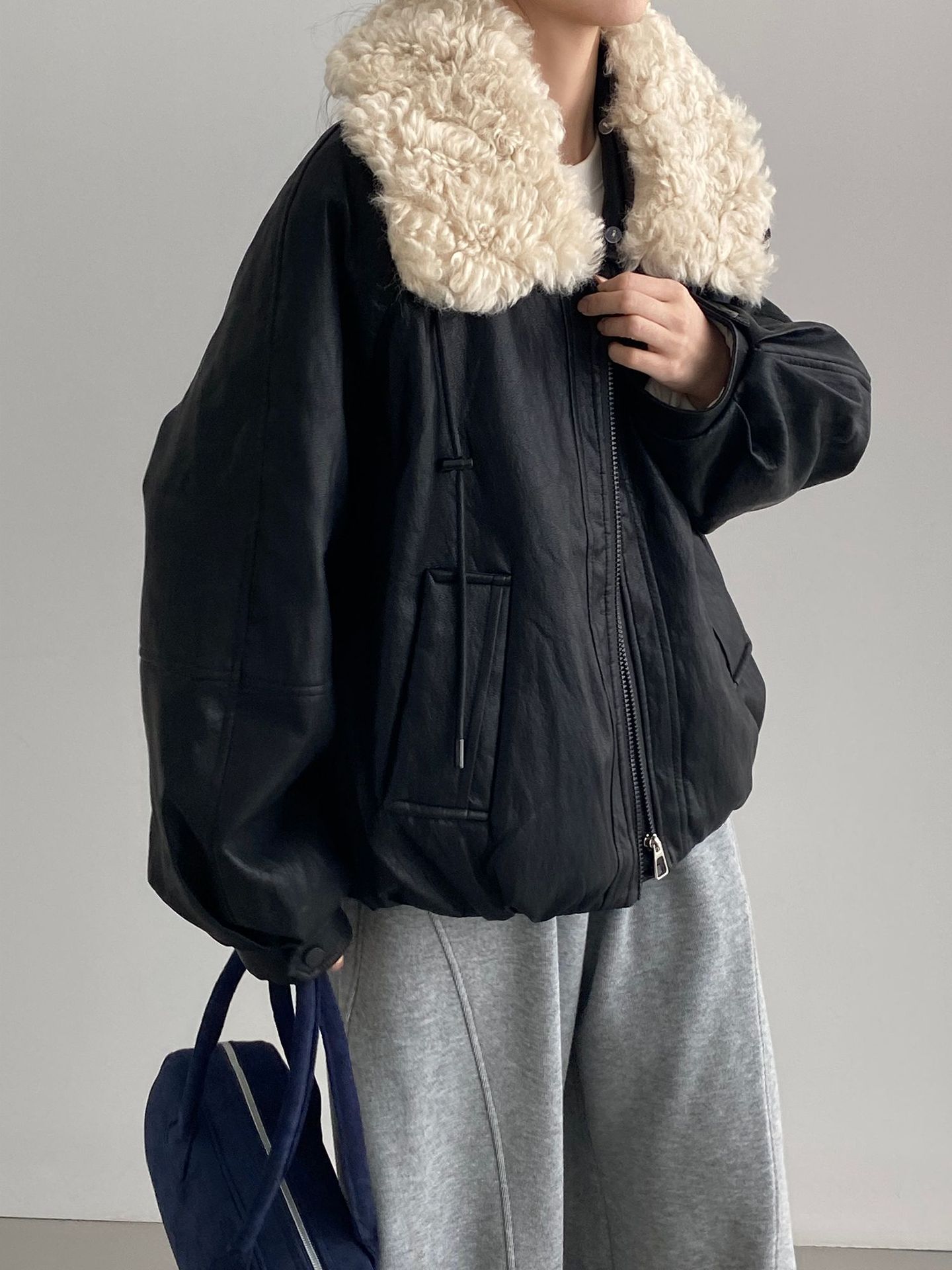 스웨이드 깃 한인 pu 패딩점퍼 여성 두툼한 가죽점퍼 흰색 오리털