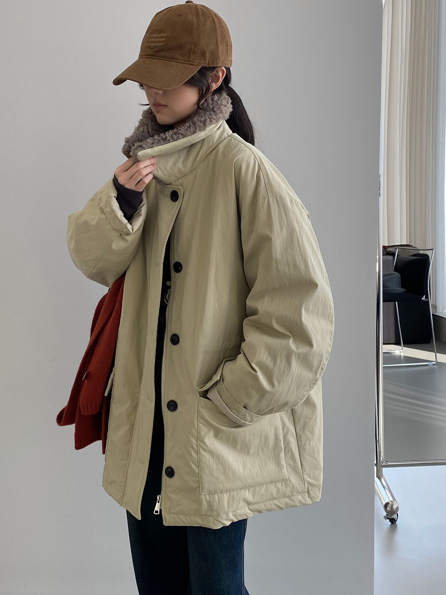 겨울 공복 털칼라 극복 두툼한 흰색 오리털 중롱 보온 패딩