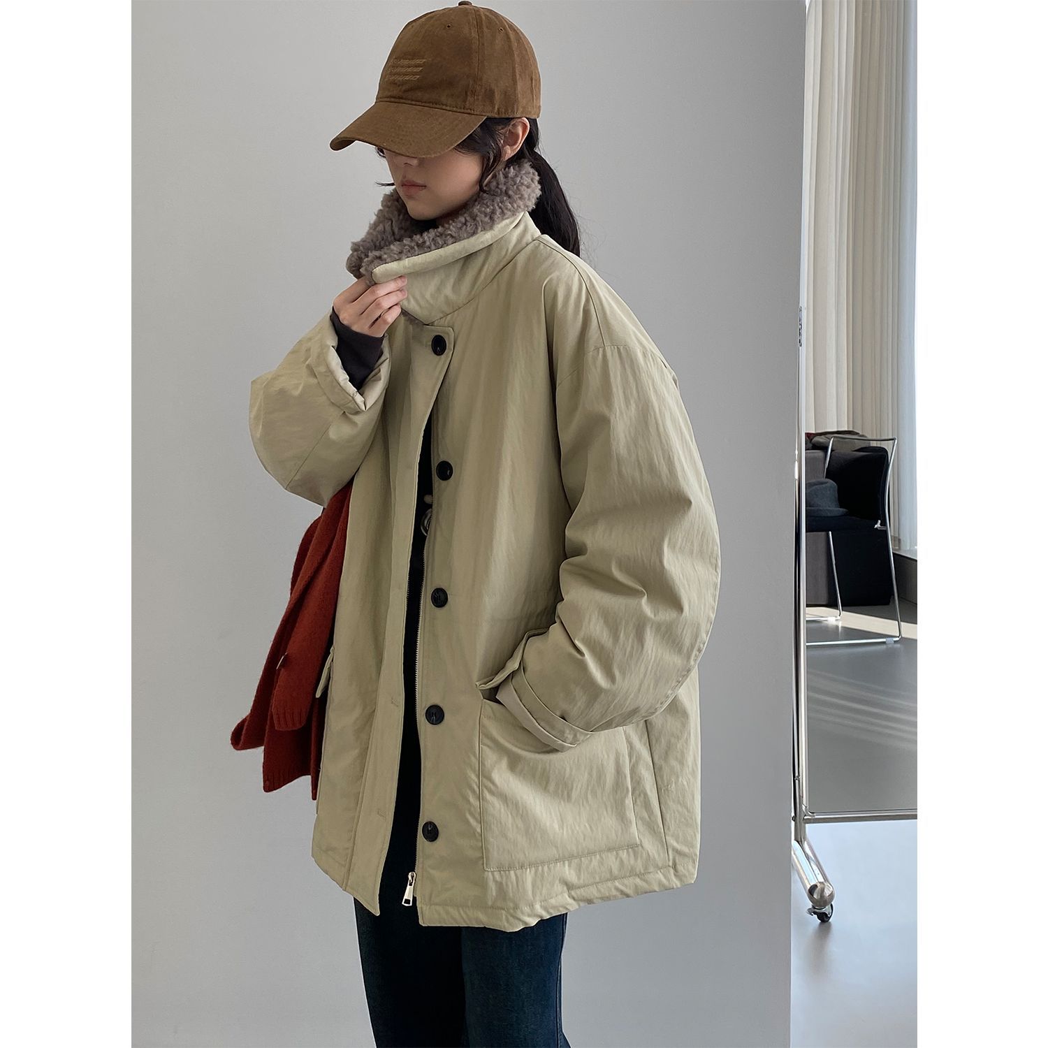 겨울 공복 털칼라 극복 두툼한 흰색 오리털 중롱 보온 패딩