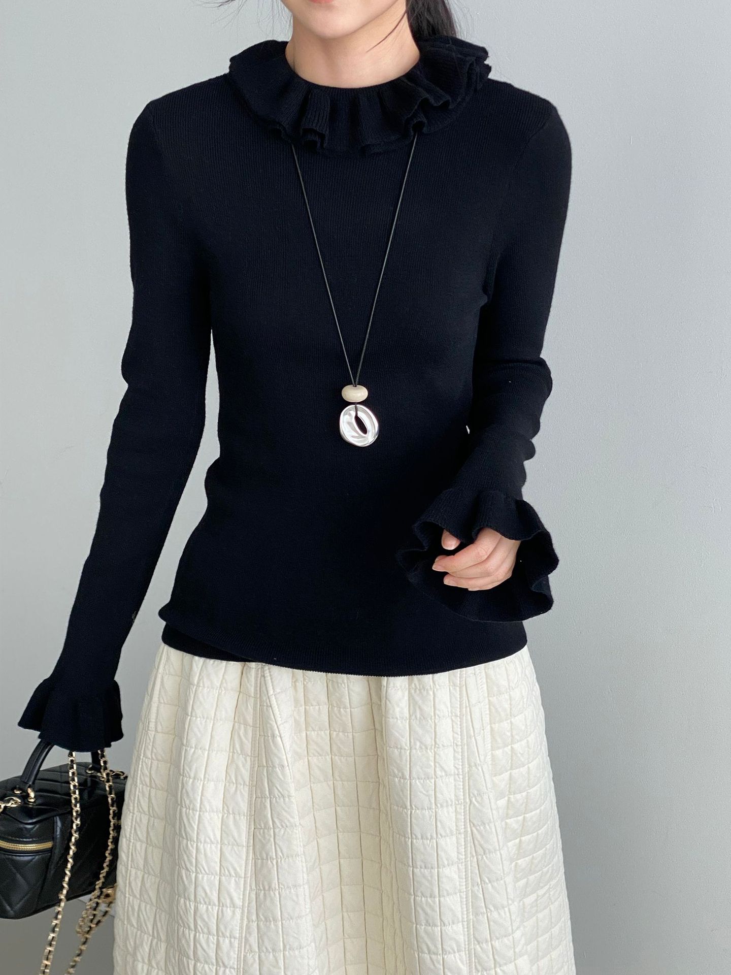 목이버섯 이너 한국계 소프트 더블 프릴 니트여