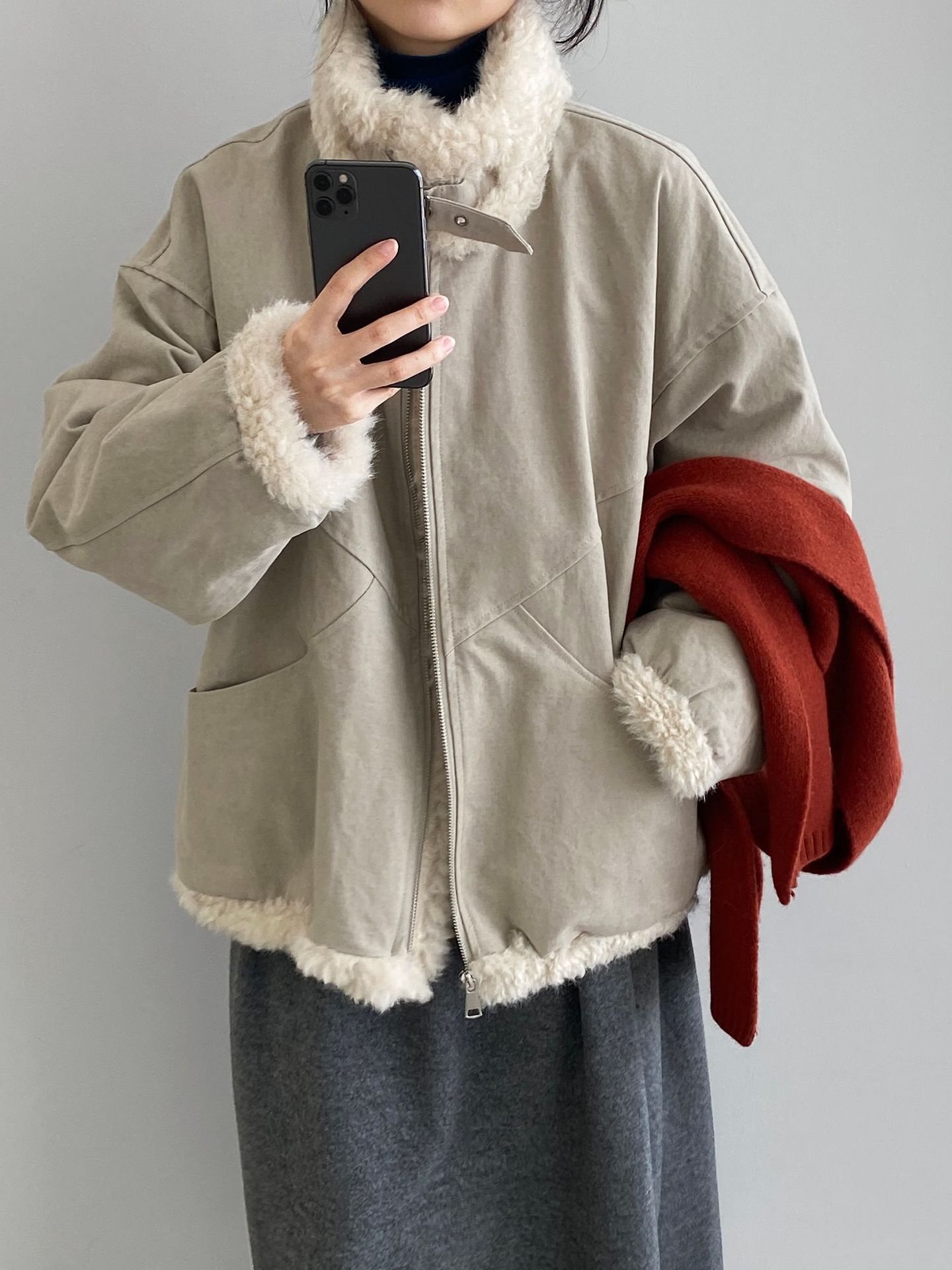 빈티지한 바인드 칼라 양털 패딩 패딩 두툼한 여성용 아우터