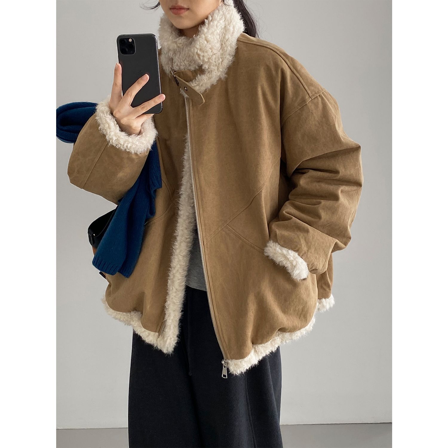 빈티지한 바인드 칼라 양털 패딩 패딩 두툼한 여성용 아우터