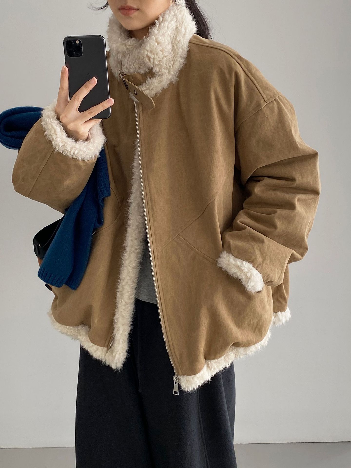 빈티지한 바인드 칼라 양털 패딩 패딩 두툼한 여성용 아우터