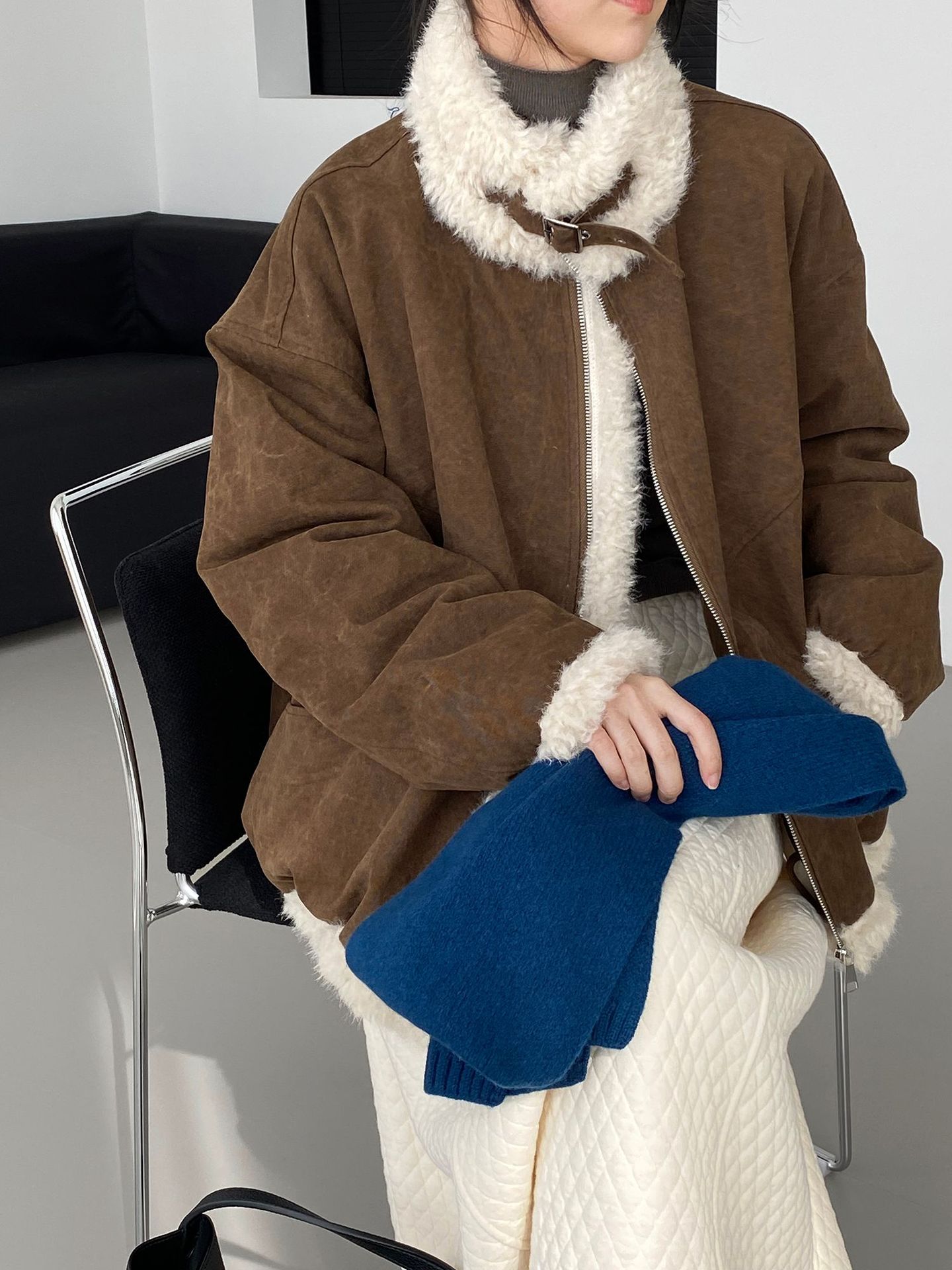 빈티지한 바인드 칼라 양털 패딩 패딩 두툼한 여성용 아우터