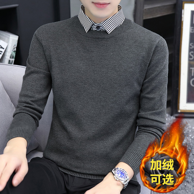 기모 두툼한 니트 패치 남성 셔츠 두 벌 칼라 캐주얼 니트 2025 스웨터 겨울 신상