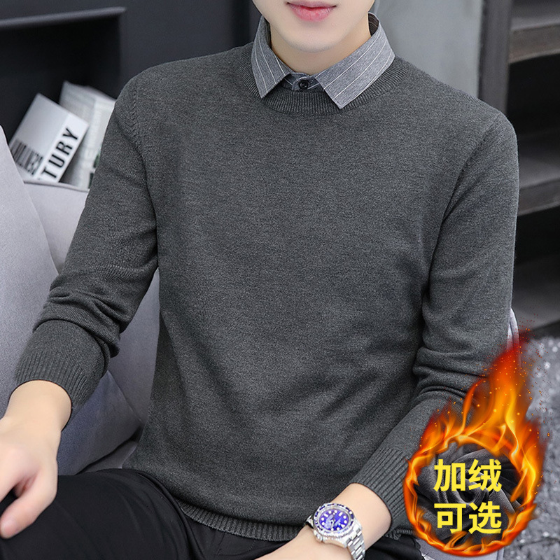 기모 두툼한 니트 패치 남성 셔츠 두 벌 칼라 캐주얼 니트 2025 스웨터 겨울 신상