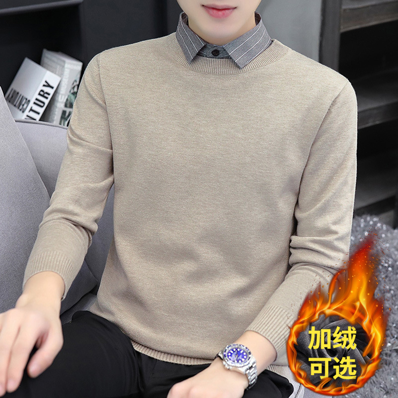 기모 두툼한 니트 패치 남성 셔츠 두 벌 칼라 캐주얼 니트 2025 스웨터 겨울 신상