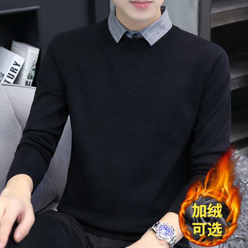 기모 두툼한 니트 패치 남성 셔츠 두 벌 칼라 캐주얼 니트 2025 스웨터 겨울 신상