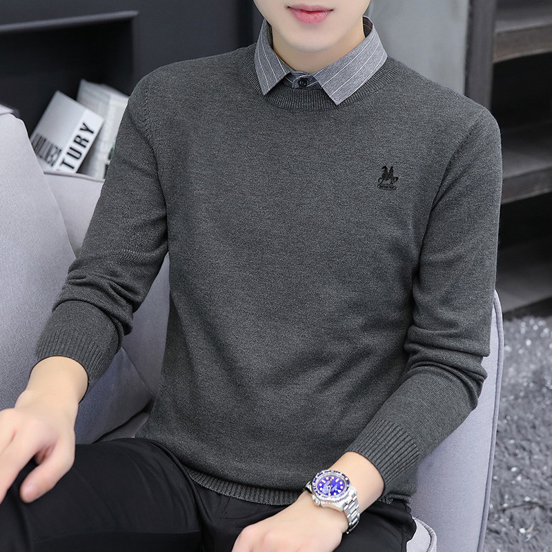 신상품 가짜 공예 스웨터 남성 긴팔 어디에나 잘 어울리는 스타일리시한 칼라 셔츠 캐주얼 남성 니트 남성
