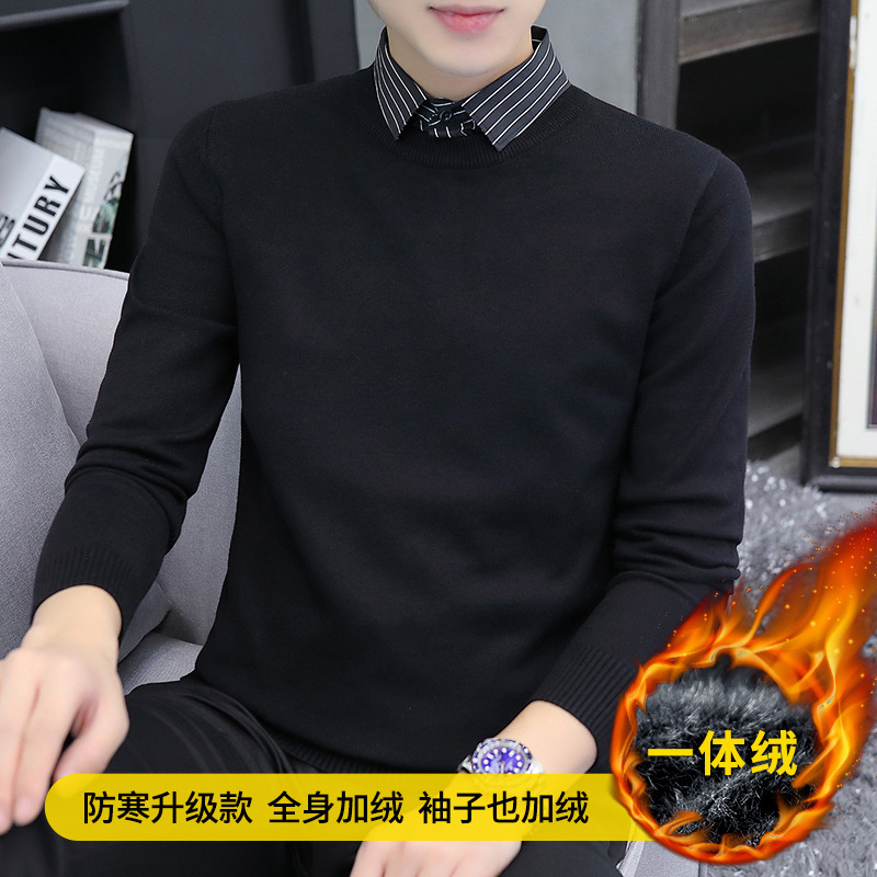 인조 스웨터 두 장 남성 셔츠 칼라 가을 겨울 일체형 융 니트 기모 기모 보온 캐주얼 비즈니스 스웨터