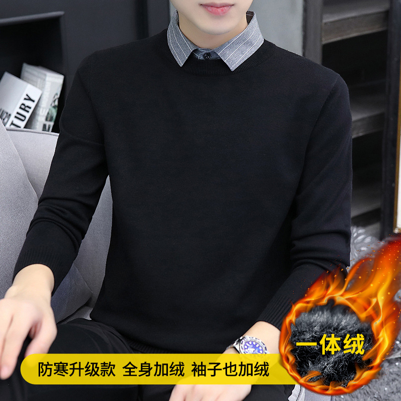 인조 스웨터 두 장 남성 셔츠 칼라 가을 겨울 일체형 융 니트 기모 기모 보온 캐주얼 비즈니스 스웨터