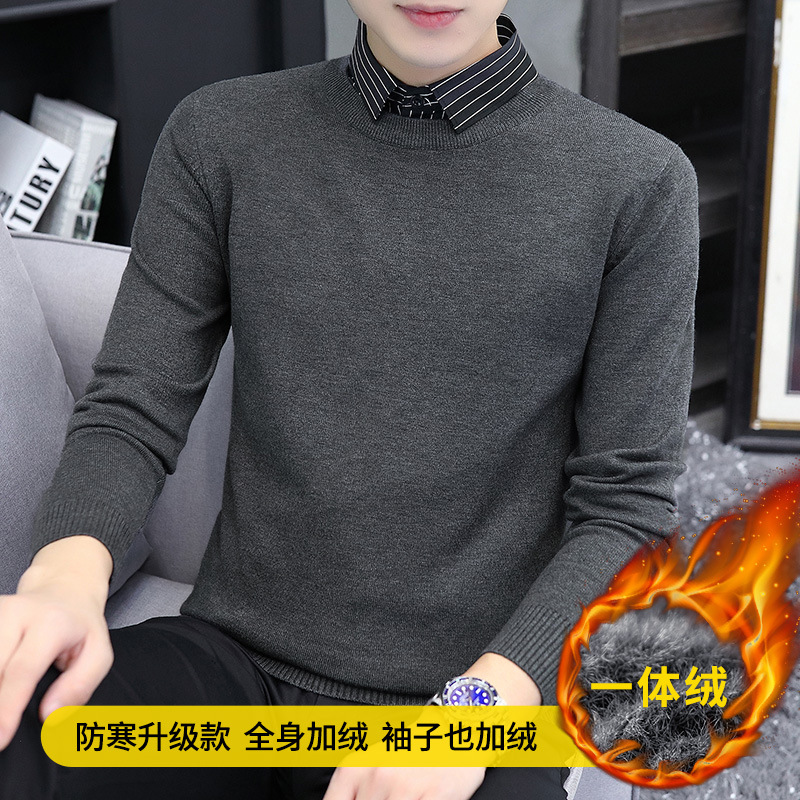 인조 스웨터 두 장 남성 셔츠 칼라 가을 겨울 일체형 융 니트 기모 기모 보온 캐주얼 비즈니스 스웨터