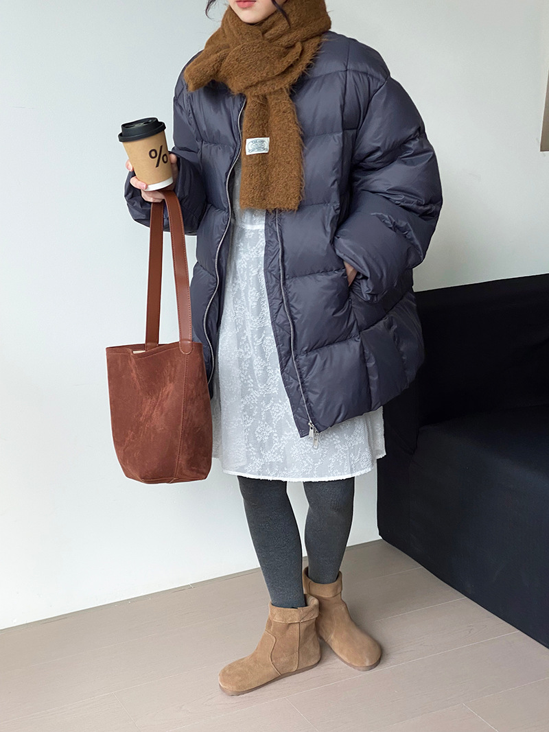 90 화이트 오리털 점퍼 한풍 체크 라운드 미디엄 패딩 점퍼 빵녀