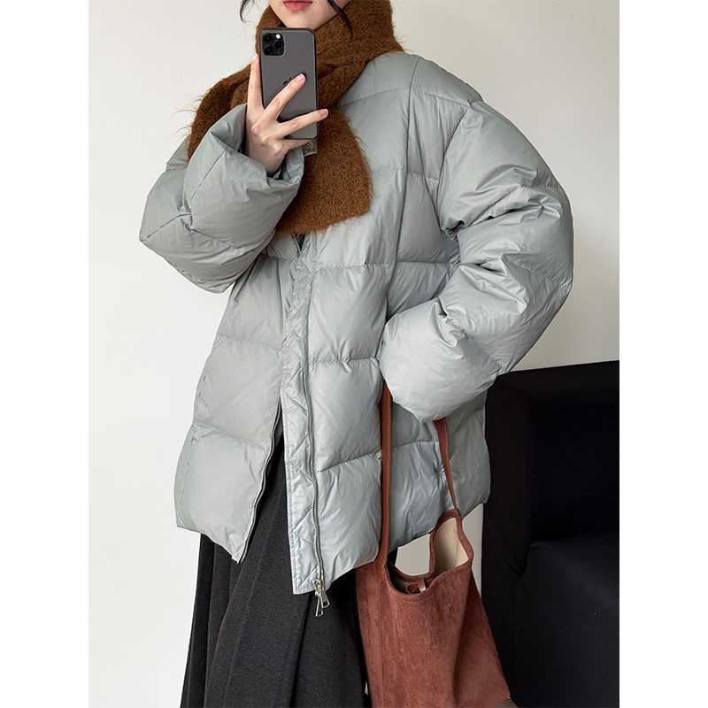 90 화이트 오리털 점퍼 한풍 체크 라운드 미디엄 패딩 점퍼 빵녀