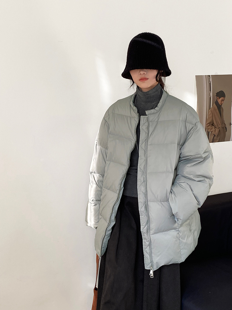 90 화이트 오리털 점퍼 한풍 체크 라운드 미디엄 패딩 점퍼 빵녀