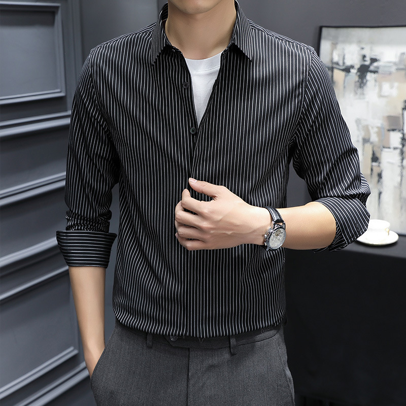 고급 스트라이프 남성용 라이트 비즈니스 긴팔 셔츠 봄 가을 신상품 다림질 방지 구김 방지 캐주얼 셔츠입니다