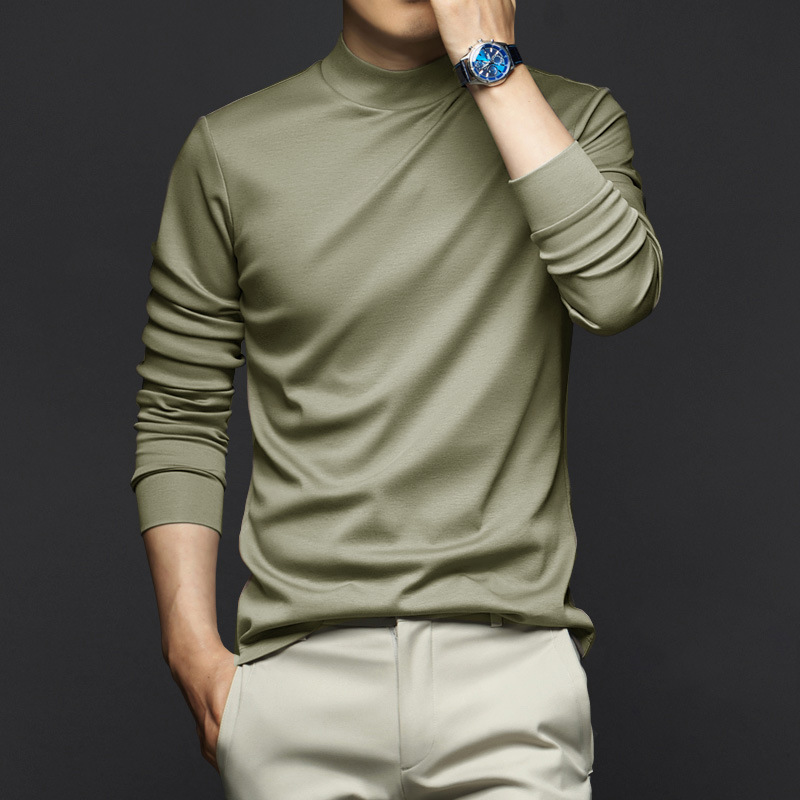 가벼운 럭셔리 리퀴드 면실켓 롱 슬리브 티셔츠 남성 2025 봄 가을 솔리드 컬러와 어울리는 하이엔드 정전기 방지 반목 탑