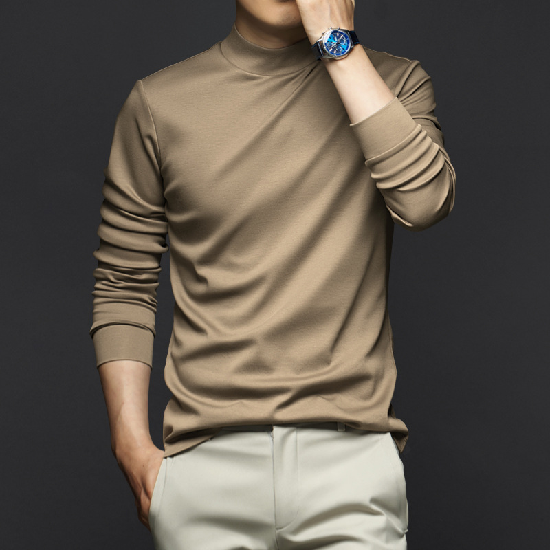 가벼운 럭셔리 리퀴드 면실켓 롱 슬리브 티셔츠 남성 2025 봄 가을 솔리드 컬러와 어울리는 하이엔드 정전기 방지 반목 탑