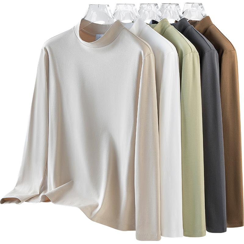 가벼운 럭셔리 리퀴드 면실켓 롱 슬리브 티셔츠 남성 2025 봄 가을 솔리드 컬러와 어울리는 하이엔드 정전기 방지 반목 탑