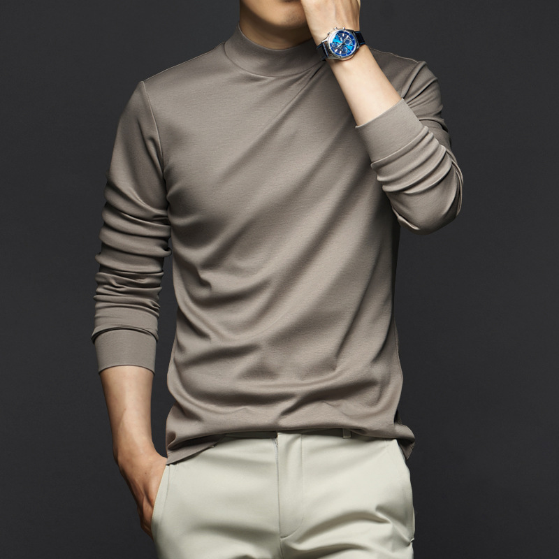 가벼운 럭셔리 리퀴드 면실켓 롱 슬리브 티셔츠 남성 2025 봄 가을 솔리드 컬러와 어울리는 하이엔드 정전기 방지 반목 탑