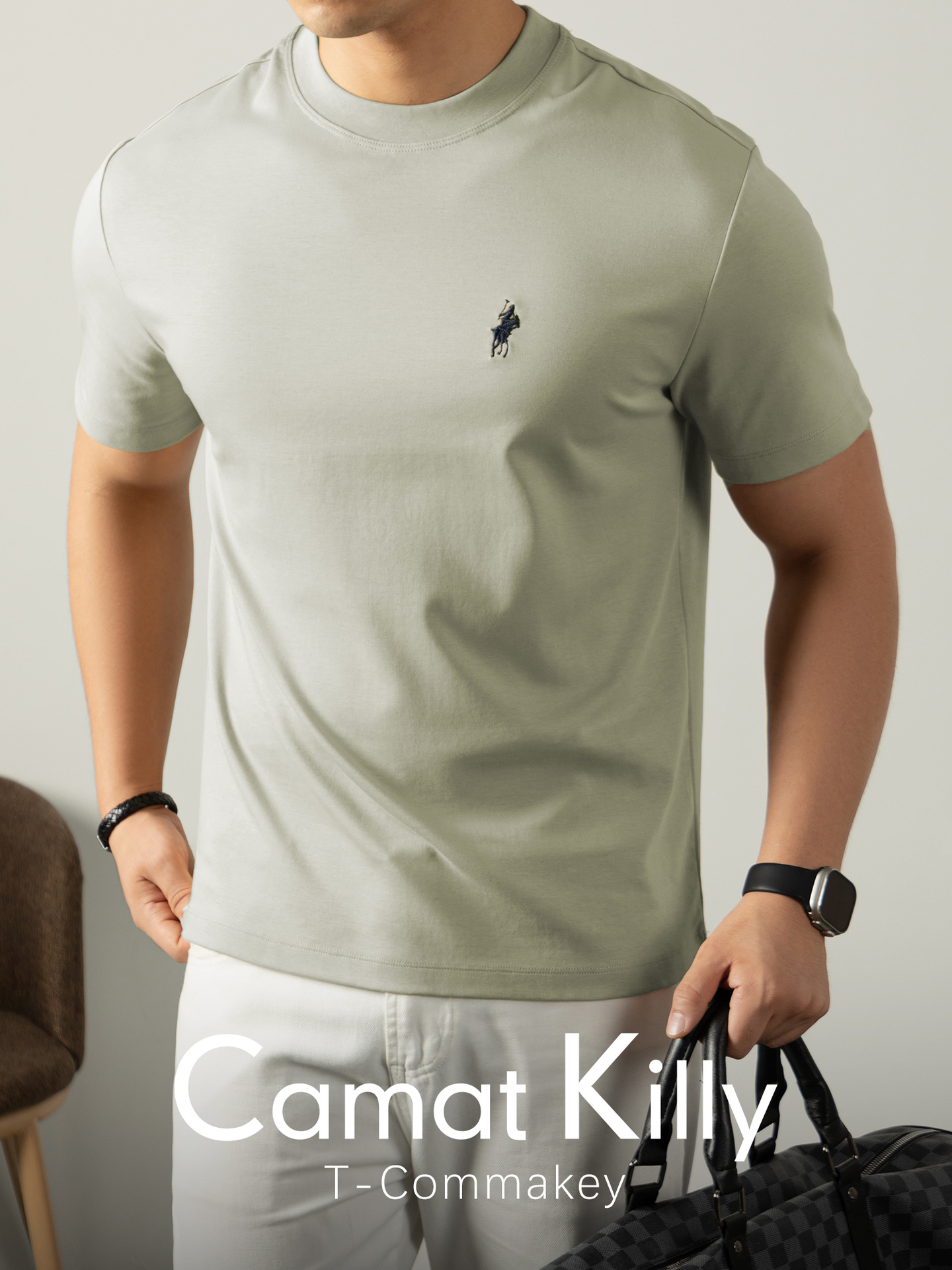 하이엔드 리퀴드 암모니아 실켓 남성 반팔 티셔츠 서머 라운드 칼라 올드 챈 자수 탑 남자