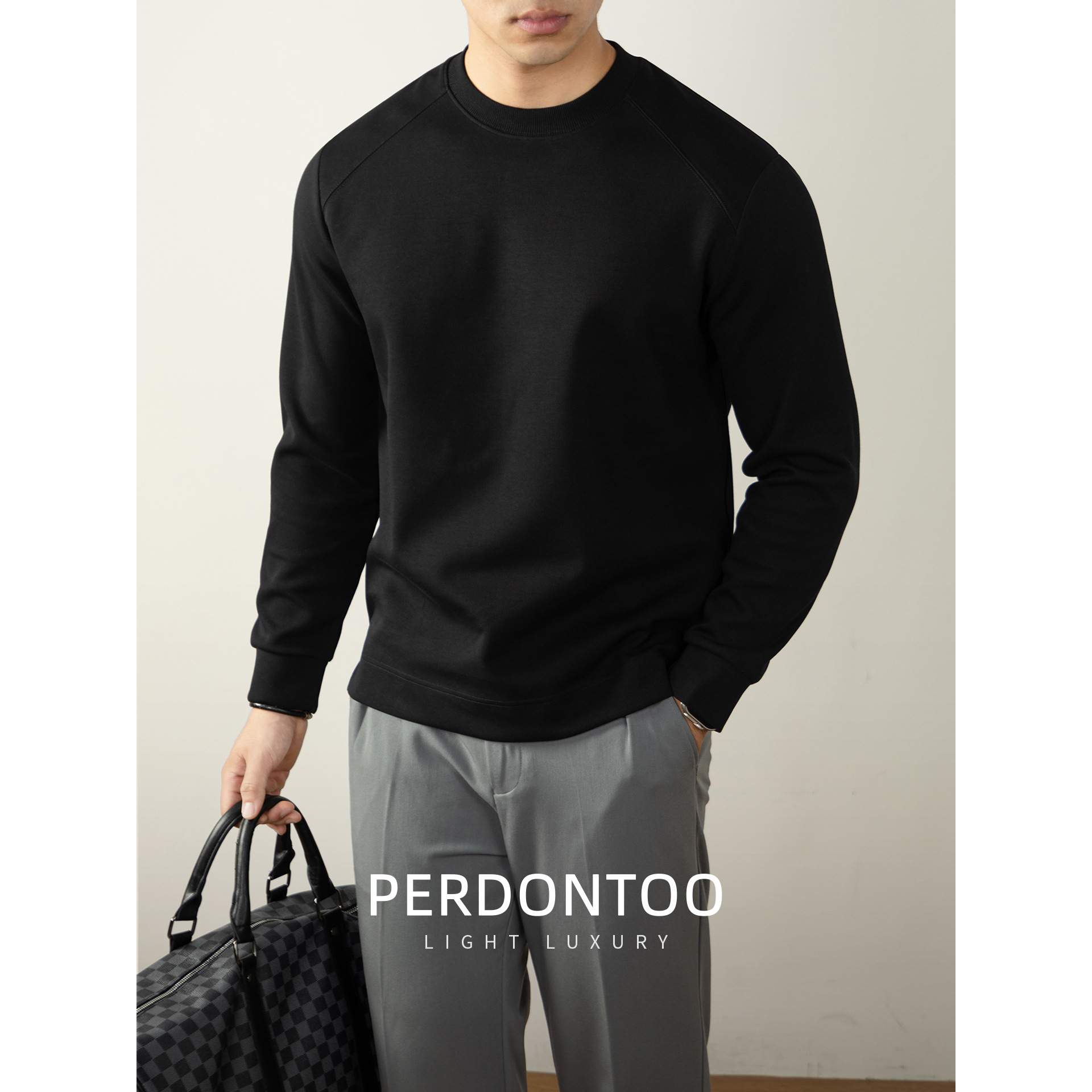 나른한 340 g 무게의 양면 잔주름 라운드 맨투맨 래글런 티셔츠 가을 겨울 남성용 고급스러움