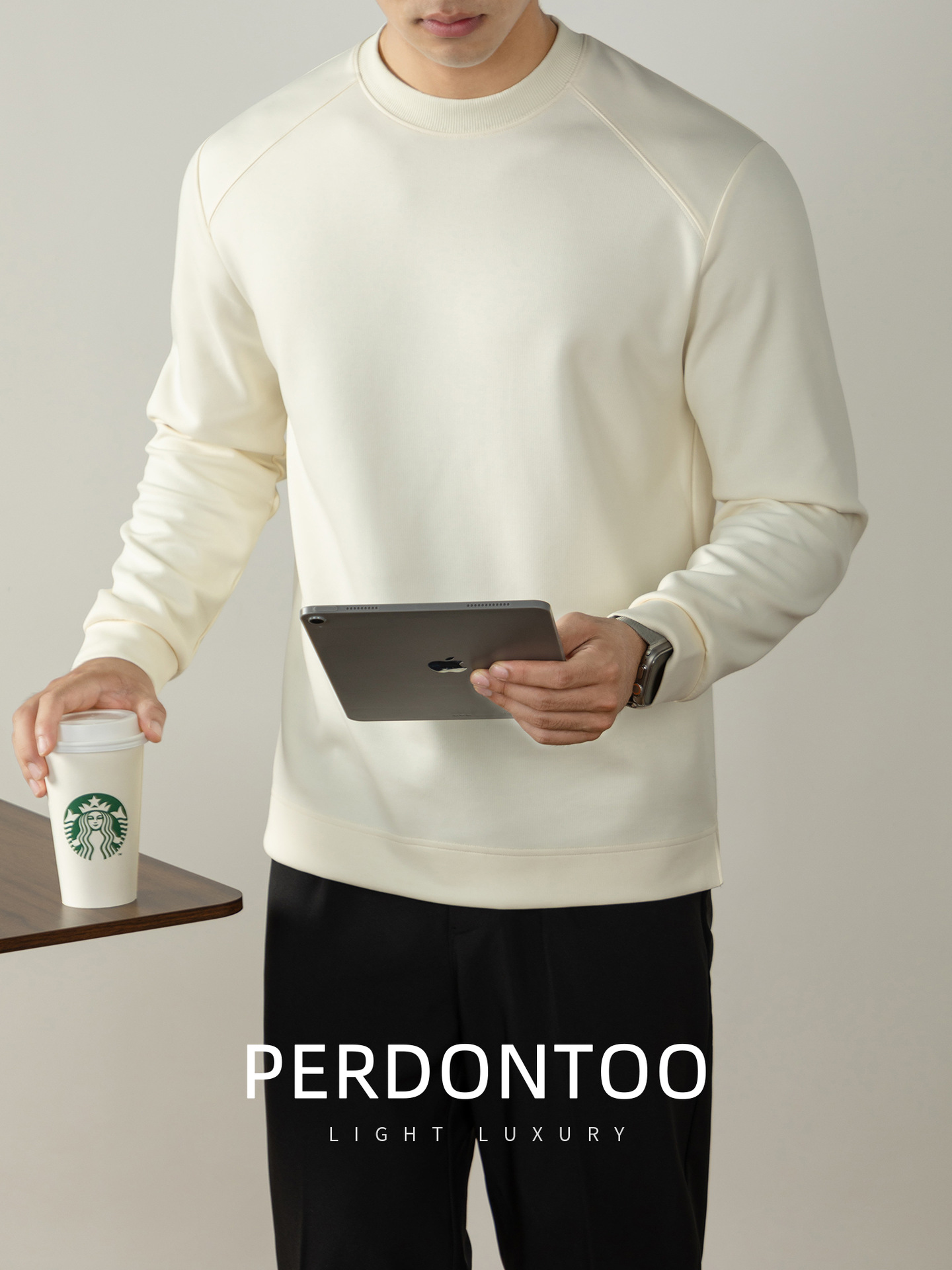 나른한 340 g 무게의 양면 잔주름 라운드 맨투맨 래글런 티셔츠 가을 겨울 남성용 고급스러움