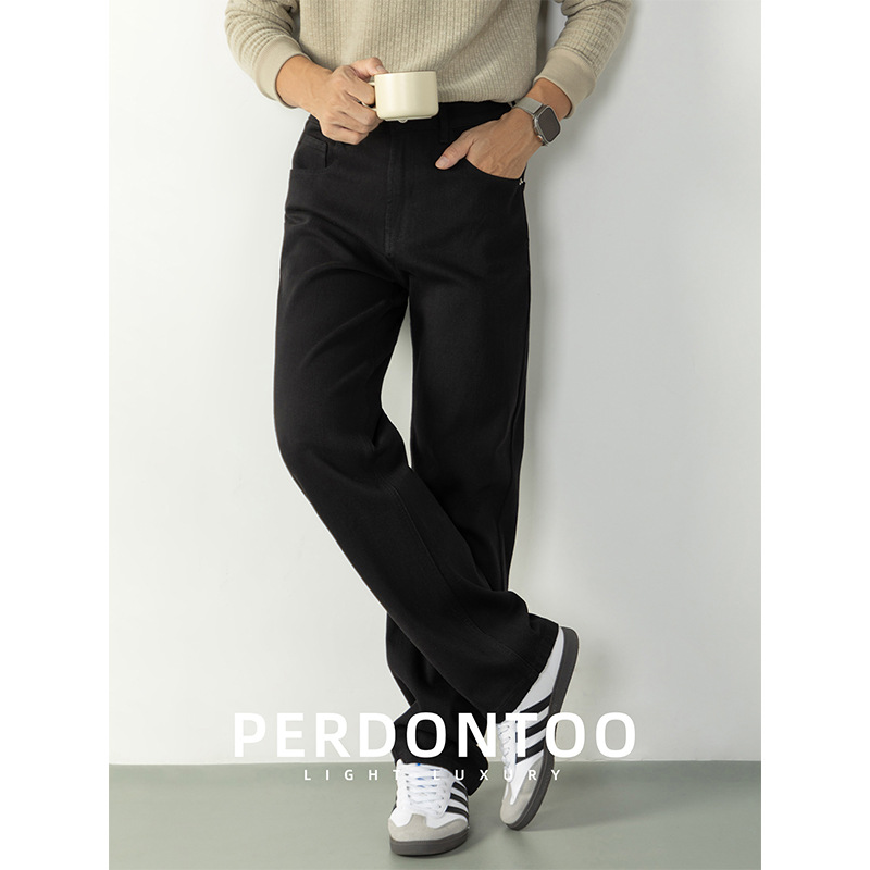 하이스트리트 워싱 블랙 통 진 남성 와이드 스판 롱 팬츠남