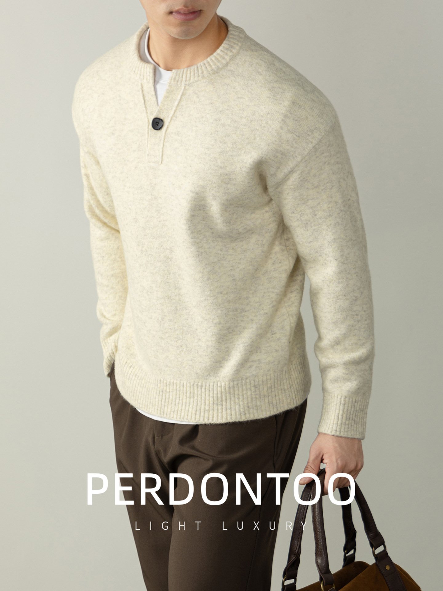 내추럴 울 싱글 단추 헨리넥 스웨터 남성 캐주얼하고 늘어짐 있는 가을 겨울 니트입니다